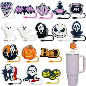 16PCS Halloween Straw Toppers for Stanley Cups, Cute Silicone Straw Cover Cap